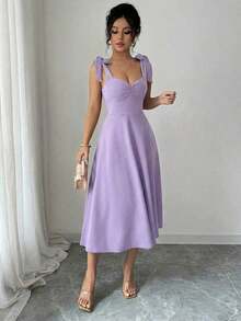 Sleeveless Tie-Up Cinched Waist A-Line Elegant Romantic Women Dress - Màu Đỏ Sâu - Xem 10