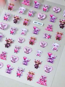 1pc Cartoon Mini Cow Nail Stickers, Pink Heart Shaped Nail Decals, Self-Adhesive One-Time Embossed Nail Art Decoration, Cute Style Suitable For Women Manicure, Foot Care, Holiday Decoration - Multicolor - View 6