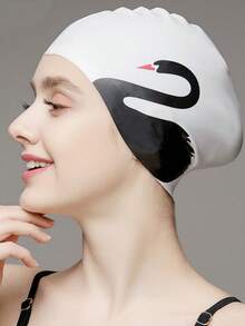 1 pieza Gorro de natación de silicona con estampado de cisne de dibujos animados, talla grande, alta elasticidad, protección de oídos, adecuado para cabello largo, gorro de natación impermeable para mujeres - Blanco - Ver 1