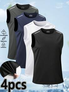 4pcs Men's Solid Color Sports Casual Sleeveless Tank Tops, Mesh Comfortable Fabric, Reflective Stripes Print, Inner Wear Home Outdoor Tops - Multicolor - View 3