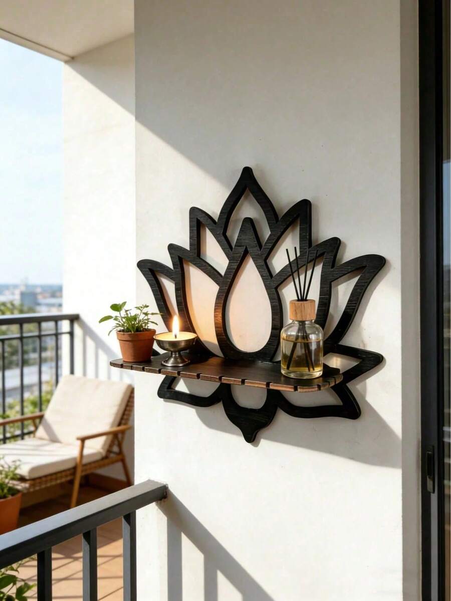 Estante de pared de madera con forma de loto, organizador de pared con estilo zen para exhibir velas de aromaterapia, cristales y talla grande - 1PC - Ver 1