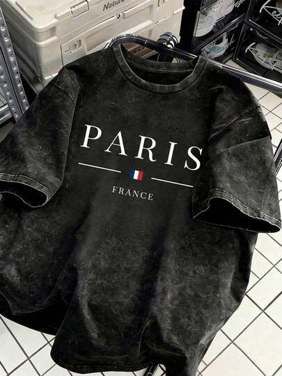 Y2K Style Minimalist Retro Streetwear Paris France Letter Print Lace-Up Loose Fit T-Shirt, Casual Summer Top, Suitable For Travelers And Daily Wear, Unisex Unique Design Black