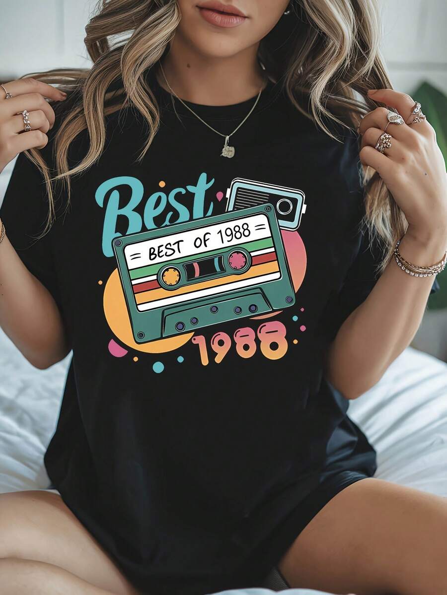 1988 Classic Nostalgia - Tema T - Camiseta, manga corta cuello de tripulación Top casual para verano y primavera, ropa de mujer