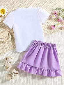 Toddler Letter Print Short Sleeve Top And Skirt Set - Purple - View 2