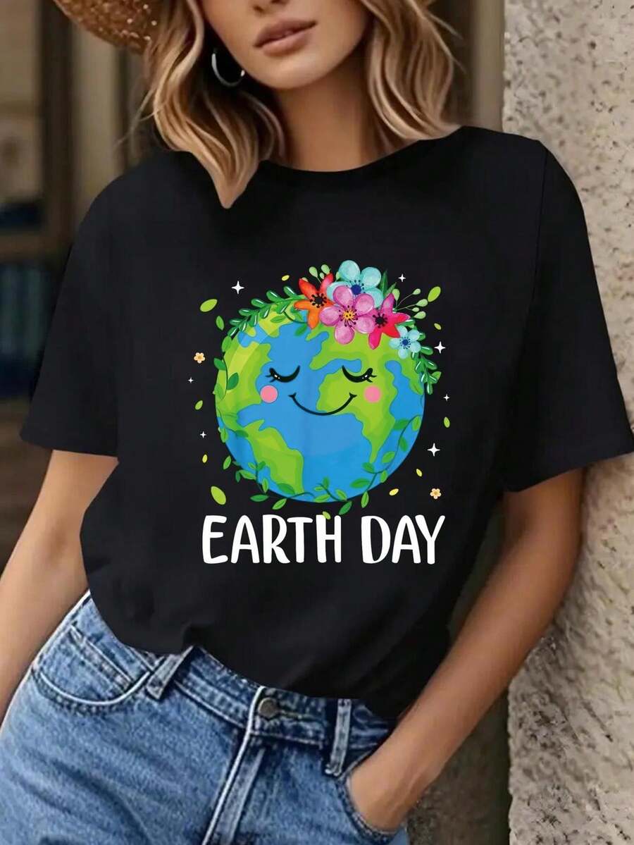 Graphic T-Shirt for Women'S Earth Day Celebration - Casual Crew Neck, Short-Sleeved, Featuring a Vibrant Floral Pattern, Lightweight And Breathable for Spring And Summer, Perfect for Cheerful Casual Wear