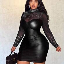 Veslaya Plus Size Women Turtleneck Mesh Patchwork Rhinestone Embellished Long Sleeve Party Dress - Negro - Ver 8