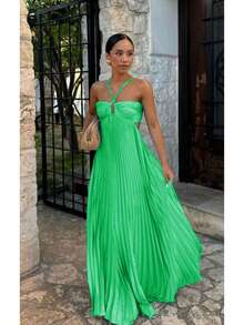 Women's Pleated Halter Neck Maxi Dress, Crisscross Straps Cutout Waist Evening Gown - 綠色 - 查看 4