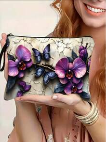 1pc Artistic Floral Cosmetic Pouch, Vibrant Flower Zipper Makeup Bag, Travel Daily Organizer Perfect Gift For Women Girls Make Up Bag Cosmetic Bag - Multicolor - View 6