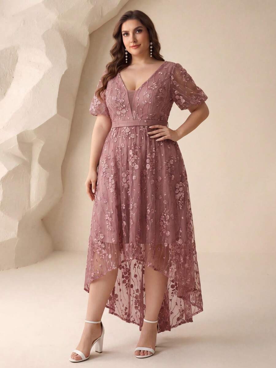 UNITHORSE 撞色网纱高低摆刺绣伴娘礼服，优雅婚纱，春季派对礼服