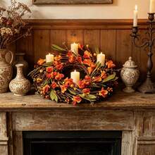 Thanksgiving Candle Rings Unique Fake Pumpkin Berries Candle Wreaths Table Centerpiece For Fall Home Party - Orange - View 4