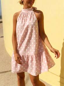 Women's Summer Light Pink Polka Dot Halter Neck Cold-Shoulder Dress, Versatile For Outing Elegant Vacation - Pink - View 3
