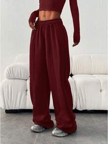 Women's Casual Loose Solid Color Elastic Waist Sweatpants With Pockets Winter - Burgundy - View 5