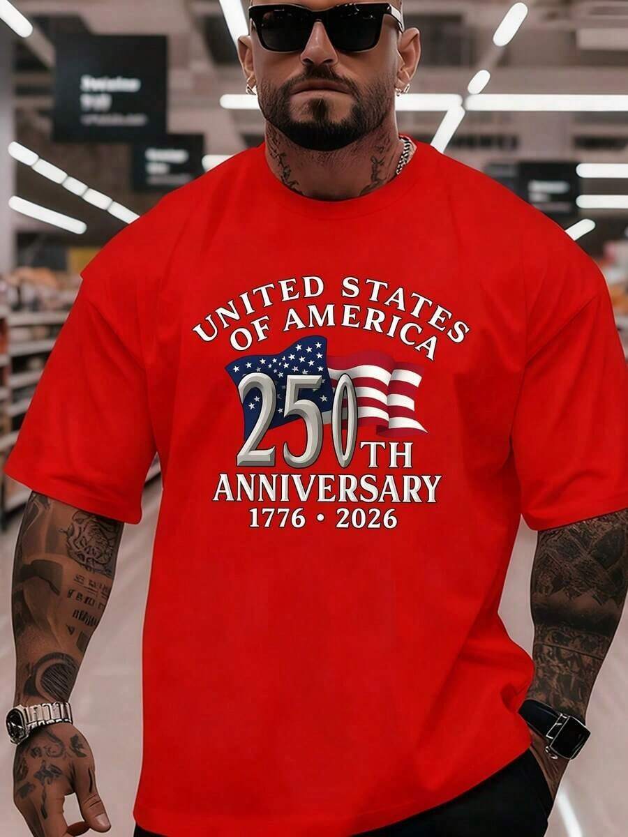 T-Shirt With A Fun And Cool Design For The 250th Anniversary, Casual Style, Modern And Attractive, For Men, 180g, Casual Wear, Loose Fit, T-Shirt With Personality, Aesthetic, Soft Fabric, Breathable Material, Fashionable Clothing, Short Sleeve T-Shirt For Young People, 100% Cotton. - 紅色 - 查看 1