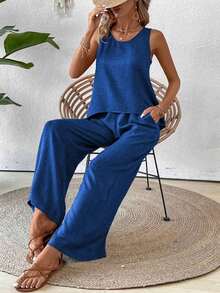 Conjunto de top sin mangas y pantalones de pierna ancha con parte posterior de malla de encaje para mujer, color albaricoque, para primavera/verano - azul real - Ver 7