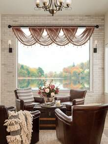 1pc Chocolate Brown Ruffle, Minimalist Style Elegant Beaded Polyester Fiber Curtain, Suitable For Living Room And Bedroom Window Decor - Chocolate Brown - View 6