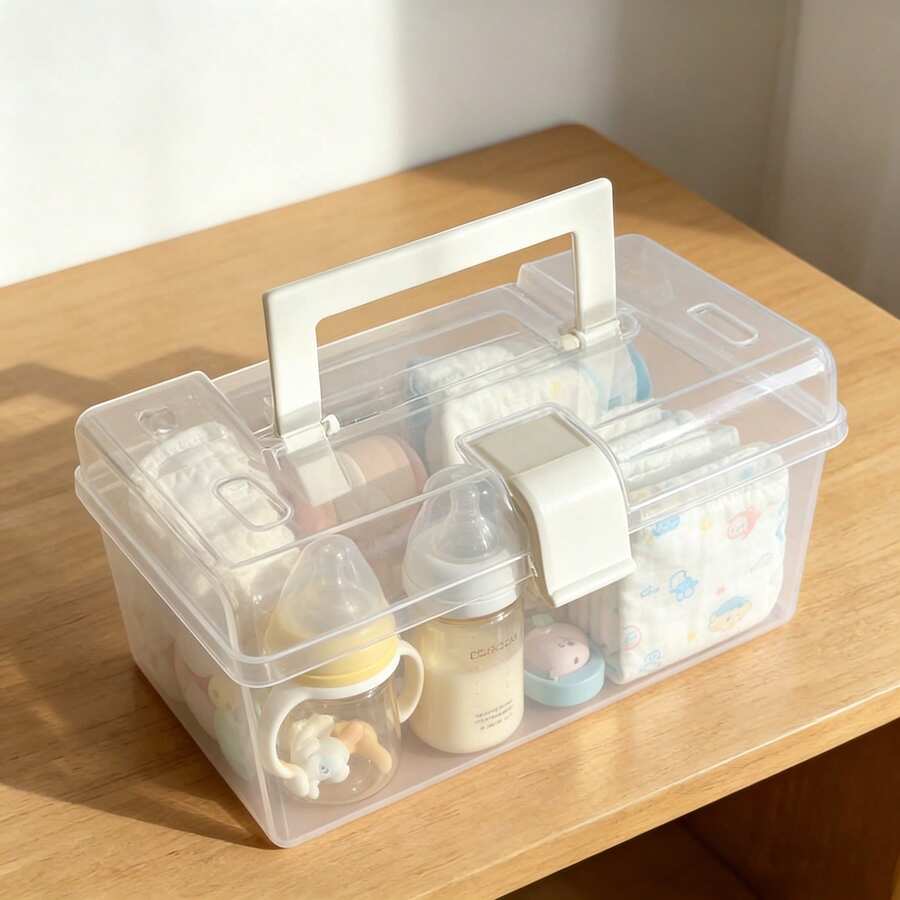 Large Transparent Plastic Storage Box With Handle - Portable Organizer Bin For Diapers, Bottles, Stationery And Small Items - Durable PP Material, Transparent Design For Easy Viewing, Ideal For Home Organization - Multicolor - View 1