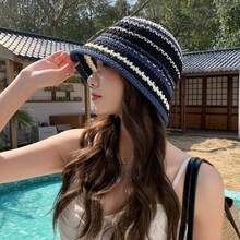 Summer Women's Breathable Thin Striped Knitted Hollow Fisherman Hat, Sun Hat, Fashionable Bucket Hat, Sun Hat - 黃色和黑色 - 查看 8