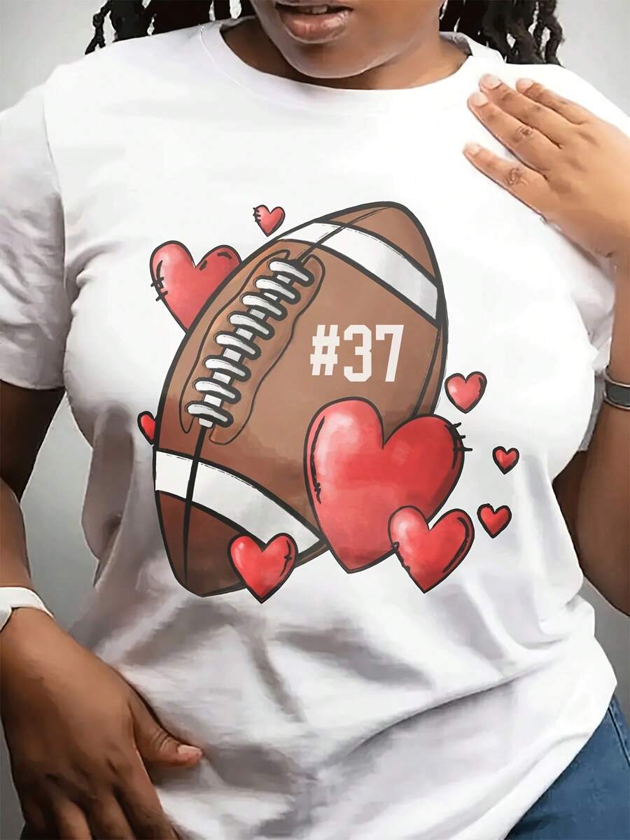 Camiseta casual de moda de cuello redondo del día de San Valentín de las mujeres | Patrón de rugby en forma de corazón, tema de pareja, cuello de tripulación, Sve corto, tela estirable ligera, toda la temporada
