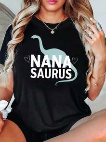 Dinosaurio Nana Saurus abuela divertido gráfico impresión T - camisa mujer primavera - verano corto - manga tripulación - cuello casual T - camisa, ocio diario, regalo de vacaciones - Negro - Ver 2