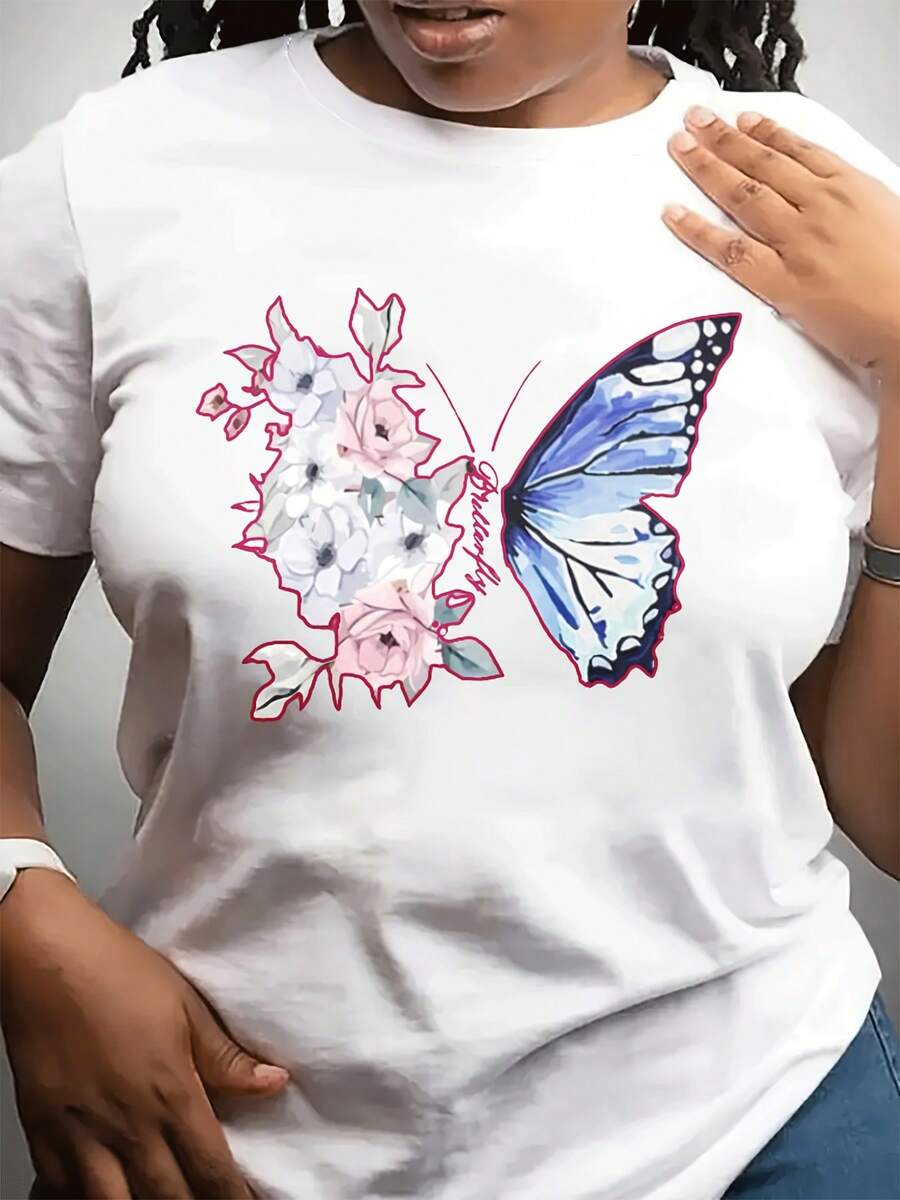 Camiseta casual de moda de cuello redondo del día de la madre corto Sved Top se puede usar para Dailpor, mariposa floral Prins un regalo para amigos y familia
