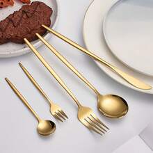30PCS Juego de cubiertos de acero inoxidable de, que incluye cuchillo para carne, tenedores, cucharas y cucharilla, tenedores de mesa, cucharas de mesa, tenedores para fruta, cucharilla pequeña para postre, cucharilla para café, adecuado para el hogar, restaurantes, hoteles, fiestas, bodas, juego de vajilla - Dorado - Ver 5