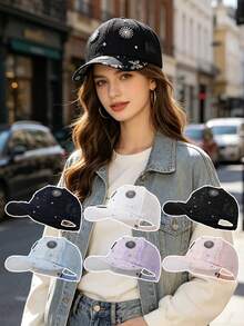 1pc Pink Lace Rhinestone Flower Baseball Cap, Breathable Mesh Adjustable Visor Hat, Sweet Luxurious Versatile Sun Hat, Summer Outing & Commute UV Protection Girlish Accessory - Baseball Cap - View 2