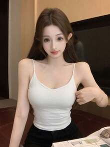 Sexy Spaghetti Strap Lace Patchwork Knit Camisole Top, Versatile Slim Fit Backless Vest Casual - White - View 5