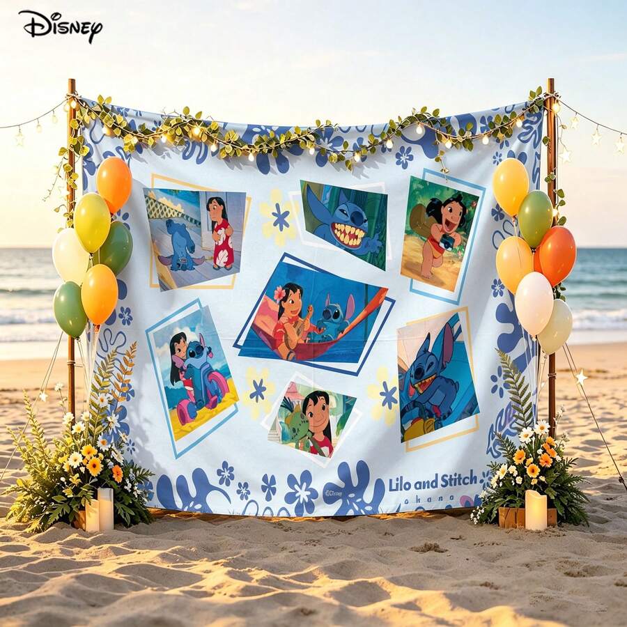 Disney Lilo & Stitch Warm Interactive Scene Collection Pattern, Light Blue Base With Floral Elements No-Hole Backdrop, Perfect For Parties, Camping, Home Decor, Scene Setup And Gathering Displays - 0 - View 1