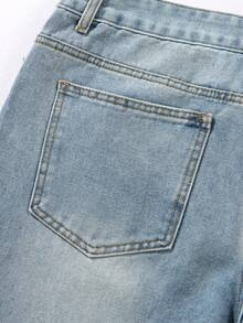 Pantalones cortos de mezclilla desgastados con estilo de vacaciones para hombres, pantalones cortos sueltos lavados con estampado de calavera, pantalones de estilo urbano para Coachella - Azul lavado medio - Ver 7