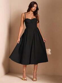 Elegante vestido largo sin mangas con manga abultada para mujer, adecuado para citas diarias, salidas, discotecas, fiestas, temporada de otoño - Negro - Ver 6