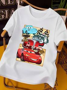 Disney Casual Women's Black Cotton Round Neck Short Sleeve T-Shirt With Lightning McQueen Car Graphic Print, Men's Sizes Suitable For The Whole Family - 白色 - 查看 2