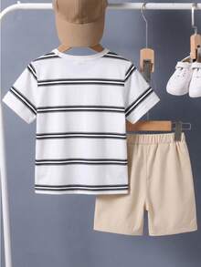 2pcs/Set Young BoySummer Striped Round Neck Short Sleeve T-Shirt And Shorts - Multicolor - View 2