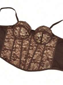 Top corset con adorno de encaje floral para mujer, elegante y casual para el verano - Marrón - Ver 5