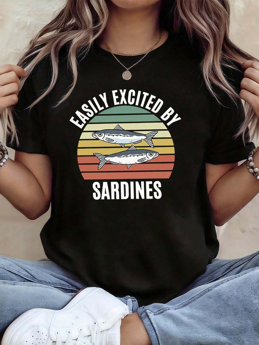 Camiseta de tema divertido sardina de las mujeres | Retro Gradiente atardecer gráfico de manga corta, juguetón elegante amante de mariscos diario Top