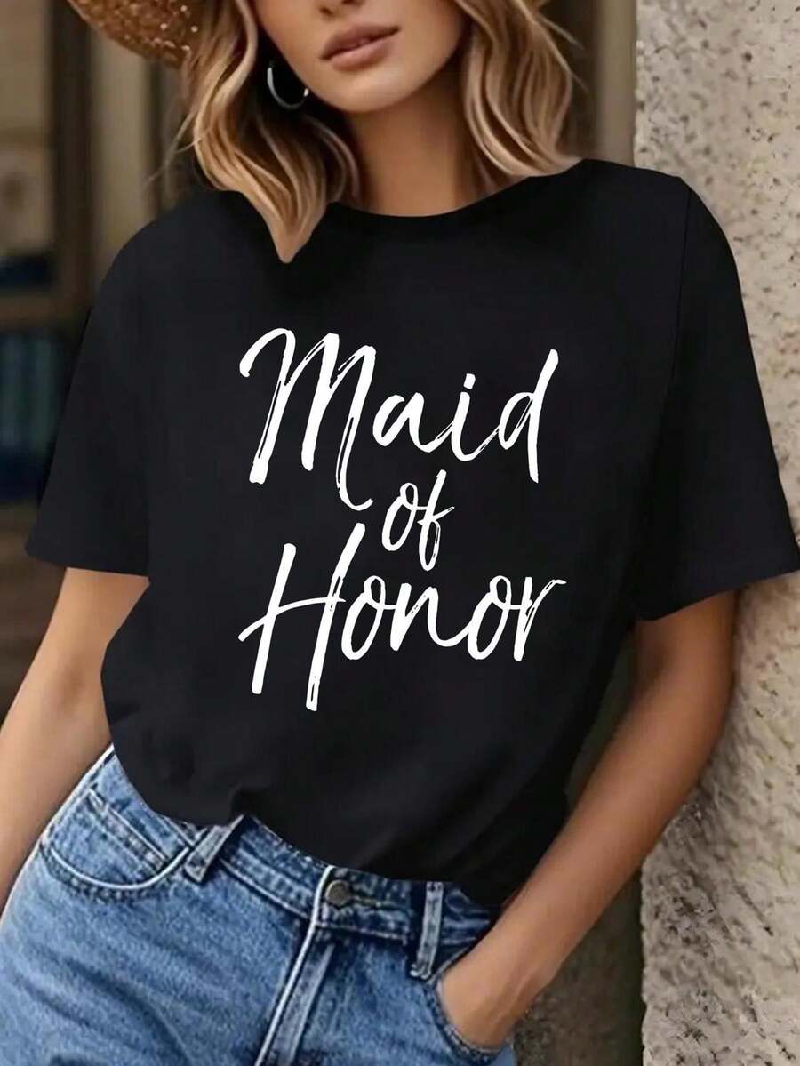 Women'S Maid Of Honor And Bridesmaid Wedding T-Shirt - Casual Round Neck Tee With Black And White Cursive Lettering, Machine Washable, Perfect For Bridal Party Gifts, Featuring Medium Elasticity, Non-Transparent Fabric, Letter Print - 黑色 - 查看 1