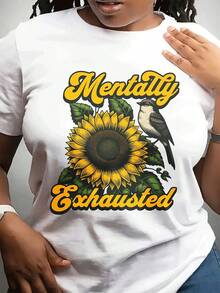 Women's Fashionable Casual Crew Neck T-Shirt For Valentine's Day | Sunflower And Bird Patterns, Psychic Fatigue Theme, Short Sleeve, Crew Neck, Lightweight Stretch Fabric, All Seasonal Wear - 白色 - 查看 1