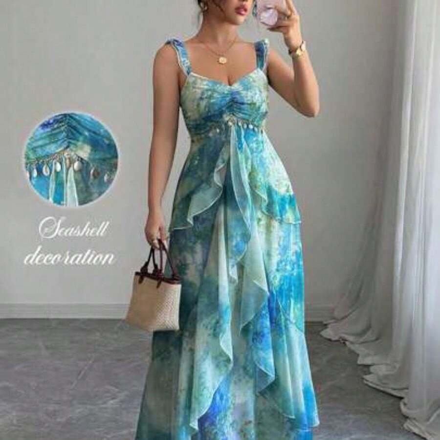 Women's Elegant Flutter Sleeve Heart Neckline Cinched Waist Ruffle Layered Asymmetrical Hem A-Line Tie Dye Watercolor Floral Print Long Maxi Dress, Casual Summer - Multicolor - Ver 1