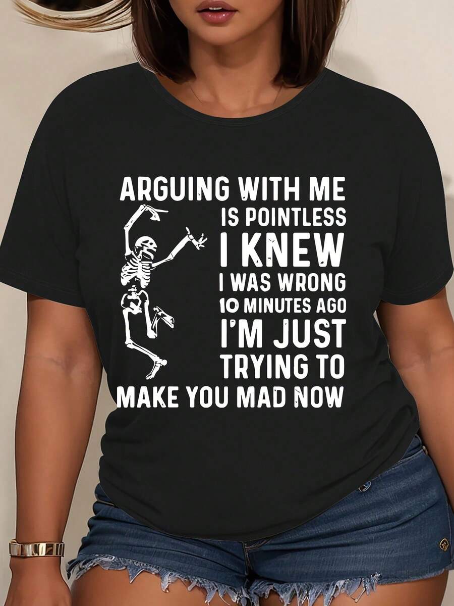 Arguing With Me Is Pointless, With A Sarcastic Quote That's Funny, Humorous Attitude Printed Spring And Summer Fashion Women's Round Neck Plus Size Short Sleeve T-Shirt, Casual Outing Sports Vacati, Machine Washable, Halloween, Christmas Gifts - 黑色 - 查看 1