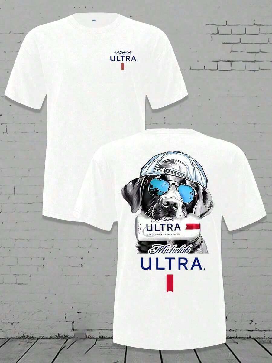 Men's Loose Fit Crew Neck T-Shirt - Shirt - Michelob Ultra Cool Dog Graphic (And Cap), 180g Soft Cotton T-Shirt 8VZB Unisex - 白色 - 查看 1