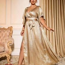 Cravure Plus Size Women V-Neck Loose Short Sleeve Tie Waist Ruffle Hem Elegant Maxi Party Gold Dress - Dorado - Ver 4