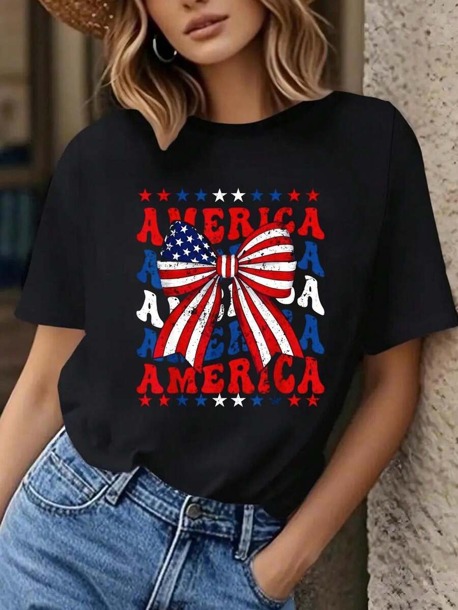 Camiseta gráfica para mujeres con la bandera americana - cuello de tripulación casual, mangas cortas, negro con diseño rojo y blanco, ideal para primavera y verano, camisetas de mujer