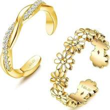 Set de 2 anillos de dedo del pie ajustables con circonita, joyería para los pies de estilo de vacaciones de playa de verano, chapada - Dorado - Ver 10
