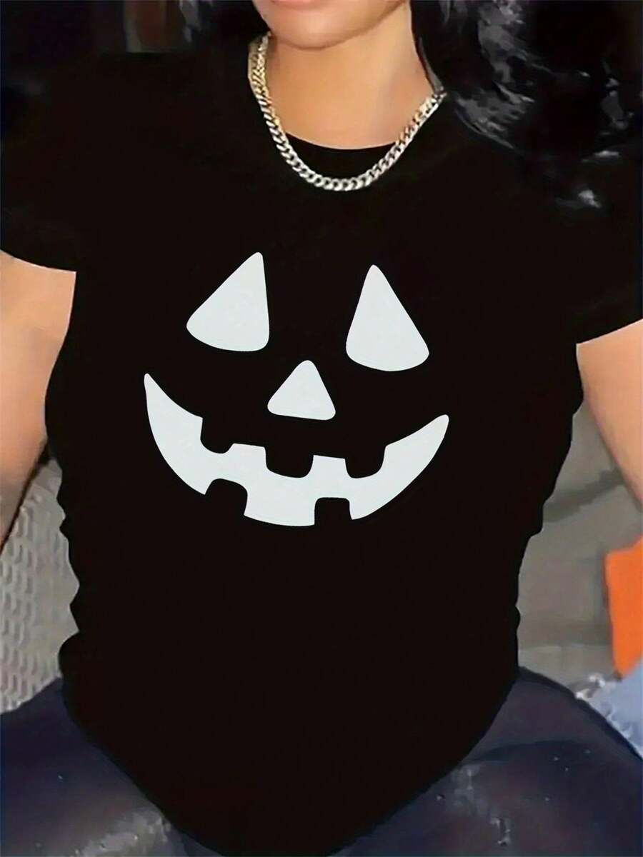 Camiseta de manga corta de diseño calabaza blanco y negro para la fiesta de Halloween, tela duradera, uso cómodo, i para eventos interiores / al aire, traje festivo, ropa ligera y transpirable