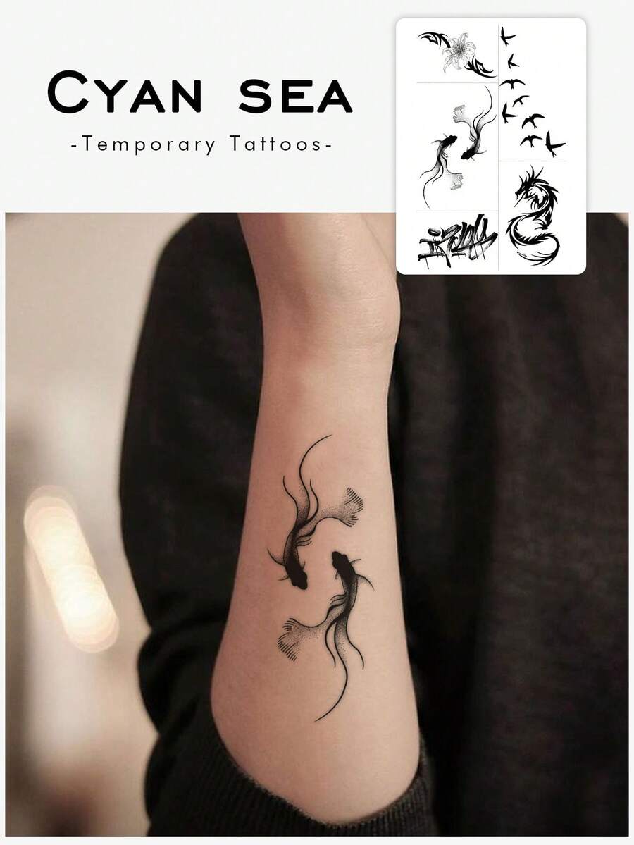 1 pieza Pegatina, Estilo de lavado de tinta oscura Koi, Dragón, Pájaro volador, Floral y Colección en inglés. Pegatina de tatuaje temporal, lavable, desechable, adecuada para brazos, abdomen, no reflectante, tatuaje realista, adecuada para personas, uso diario, dura 3-5 días. - Negro - Ver 1