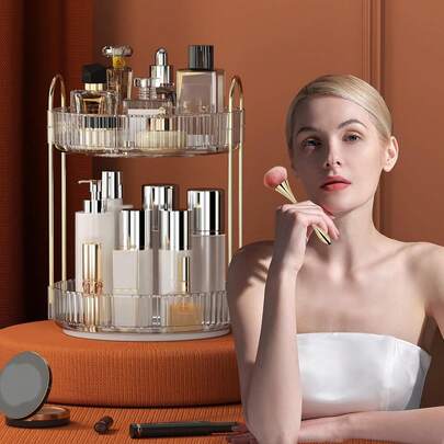 360° Rotating Vanity Makeup Organizer - Dual-Layer Large Capacity Perfume Storage Rack - Bathroom Countertop Skincare Holder - Space-Saving Vanity Makeup Storage Rack (Transparent)
