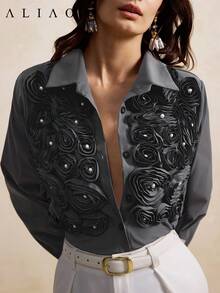 Camisa larga con flores de rosa 3D bordadas exquisitas para mujer ALIAO, estilo francés elegante para el trabajo y el uso diario, primavera/verano - Gris - Ver 1