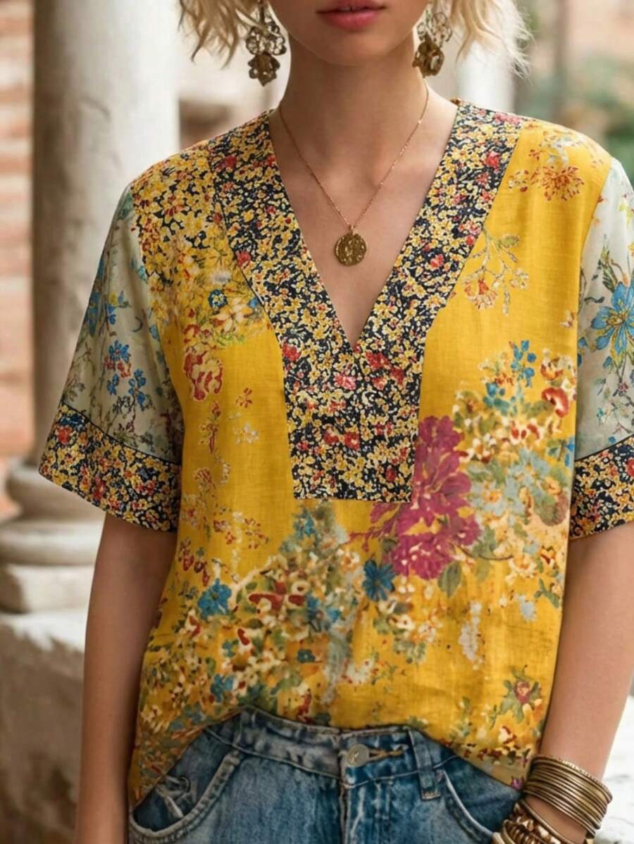 大尺碼女款波希米亞風花卉植物圖案T恤,復古時尚經典短袖V領休閒上衣,度假夏季黃色 - 黃色 - 查看 1