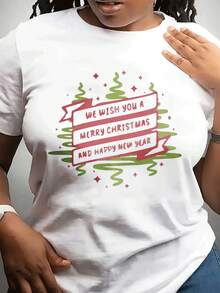 Camiseta casual de moda de cuello redondo de las mujeres de Navidad con el patrón del árbol de Navidad estilo festivo - Blanco - Ver 2