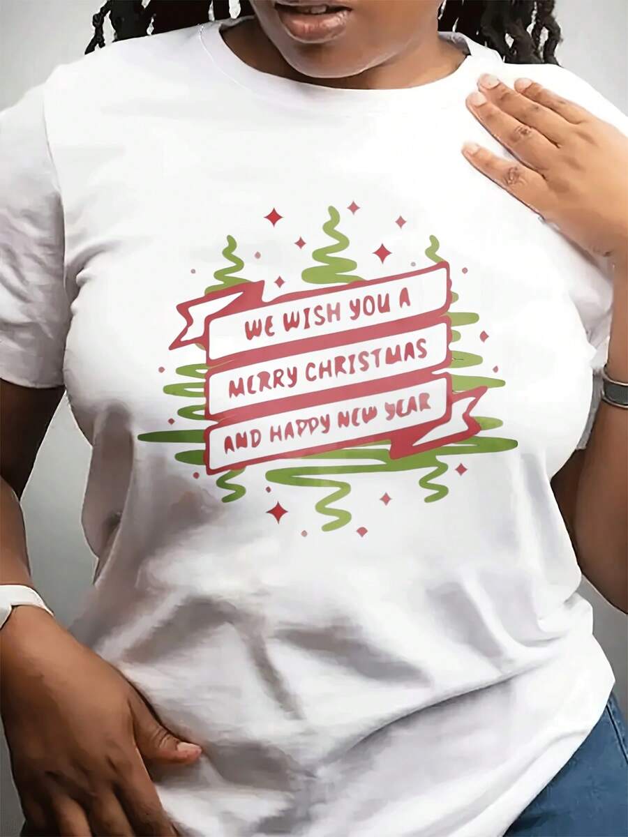 Camiseta casual de moda de cuello redondo de las mujeres de Navidad con el patrón del árbol de Navidad estilo festivo