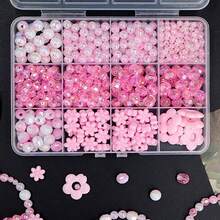 345件裝高級粉色花卉珠子套組，12格完整珠寶製作用品，混色AB幻彩圓珠、刻面水晶珠與花形壓克力珠，大容量馬卡龍色珠子組，適用於手鍊、項鍊、耳環及可愛手工DIY - A - 查看 1